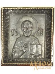 Икона в металле Святой Николай, посеребрение, позолоченная рамка, 5х5 см - фото