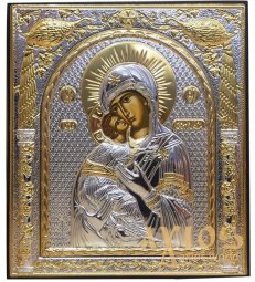 Икона Владимирская. Прямоугольная, Шелкография, серебро, золотой декор - фото