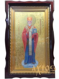 Писаная икона Святой Николай, резной багет, киот, 28х44 см - фото