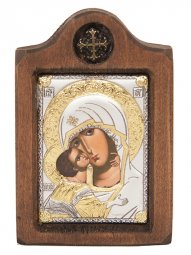 Икона Божья Матерь Владимирская, Итальянский оклад №1, 6х8 см, дерево ольха  - фото