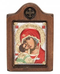 Икона Божья Матерь Владимирская, Итальянский оклад №1, эмали, 6х8 см, дерево ольха - фото