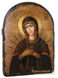 Икона под старину Пресвятая Богородица Семистрельная 17х23 см арка - фото