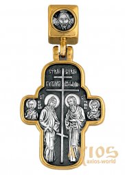 Подвеска-крест «Святые Кирилл и Мефодий. Икона Божией Матери «Скоропослушница», серебро 925, позолота 999 - фото