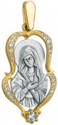 Образ Божией Матери «Умиление» серебро 925° с позолотой, 25 фианитов - фото