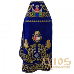 Облачение иерейское, вышитое на синем бархате, вышитая икона «Покров пресвятой Богородицы», вышитые иконы святых - фото